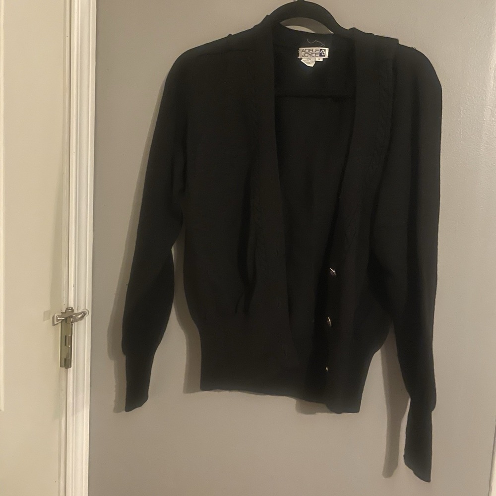 Vintage Adele Joyce 100% Merino Wool Size Small Button Cardigan Sweater Black